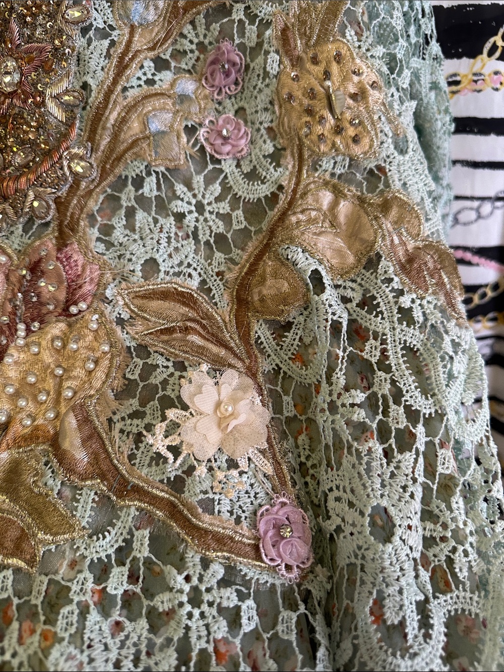 Embroidered Mint Green Lace Overlay Dress - Picture 3 of 14